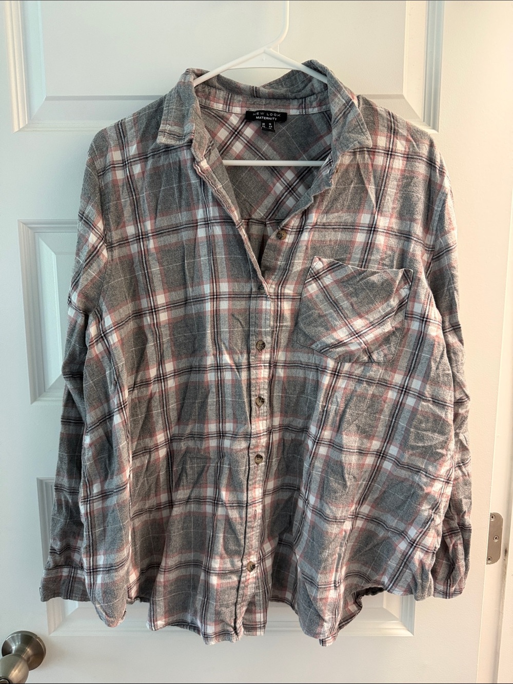 New Look Gray, White & Red Plaid Maternity Button-Up Shirt